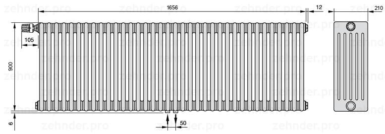 Схема (чертеж) Радиатор Zehnder Charleston 6090/36 №V007 Белый глянцевый RAL 9016